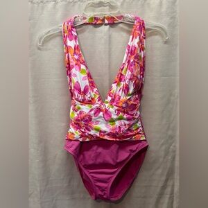La Blanca Pink Floral Multicolor One Piece Halter Padded Swimsuit Sz 10